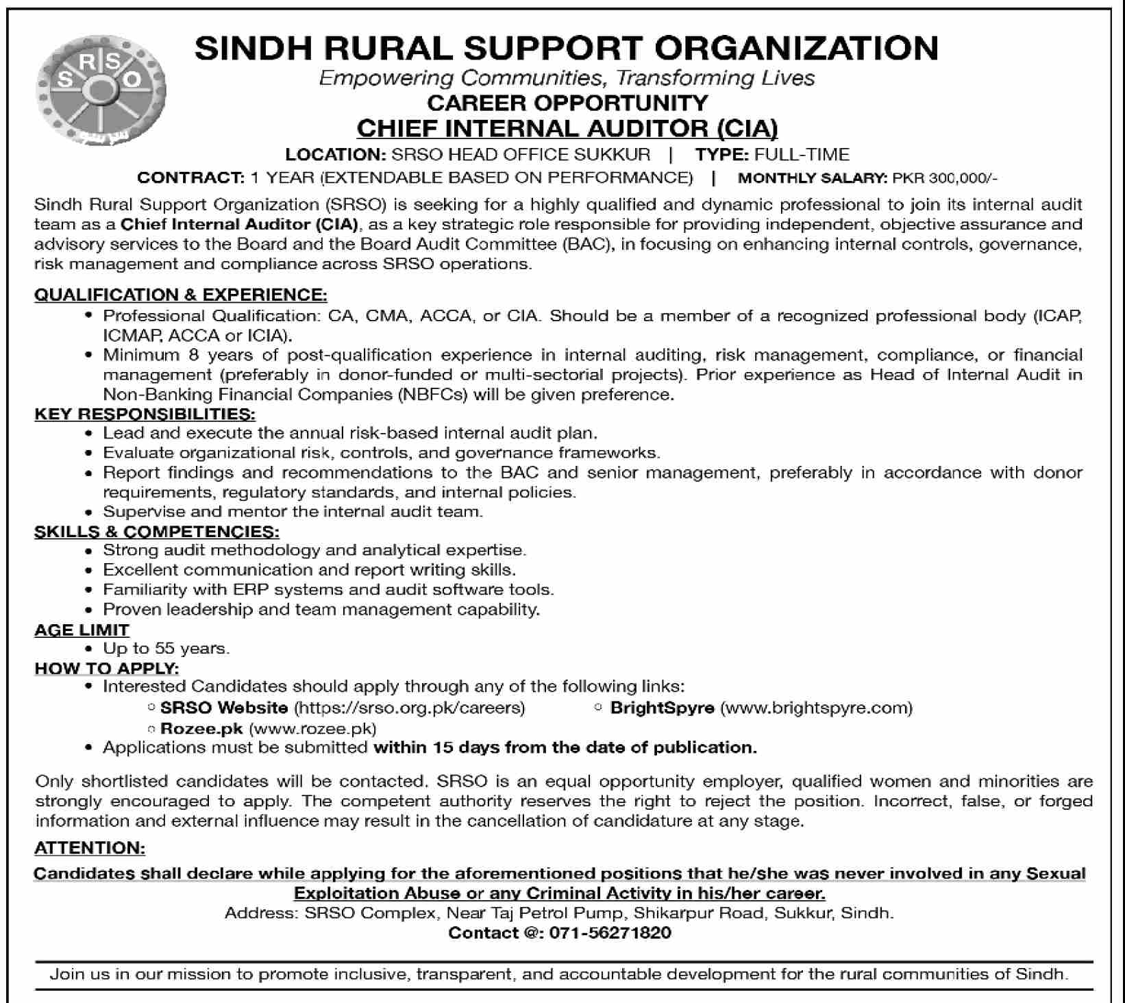 Jobs in Sindh Rural Support Organization Sukkur